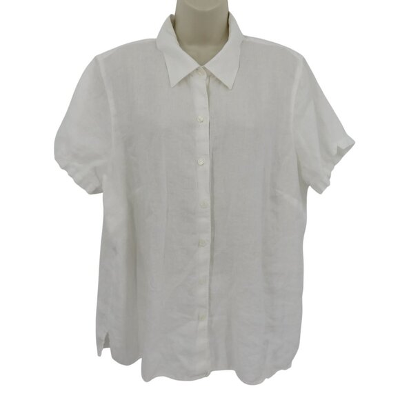 LL Bean Women Plus 1X Linen White Collar Short Sleeve Button Front Shirt Top - Picture 1 of 10